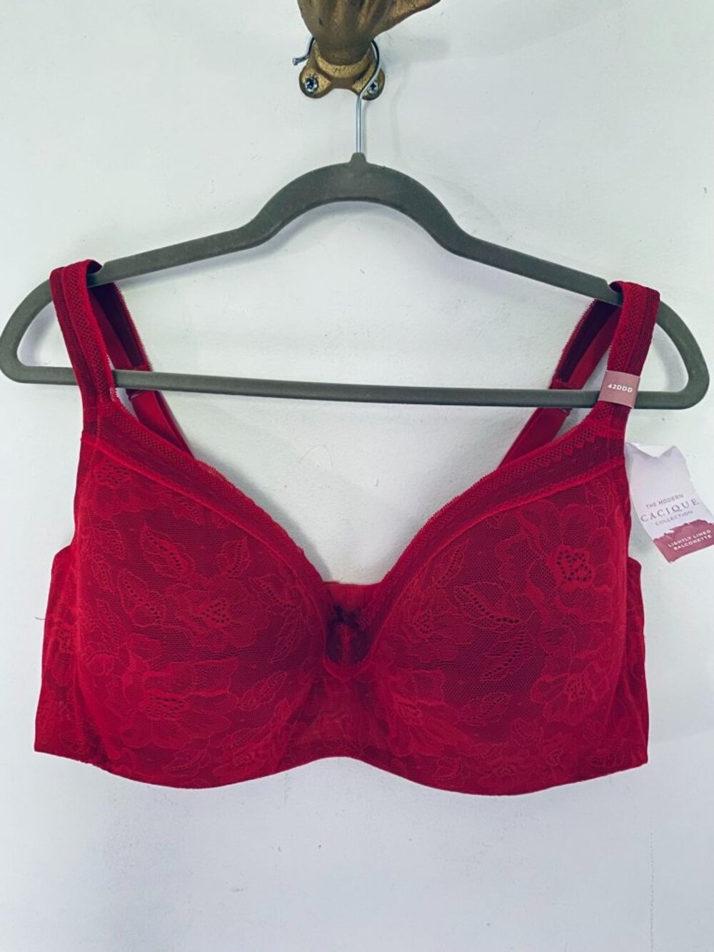 Cacique 42DDD (42F) Red Lightly Lined Balconette Bra Floral Lace